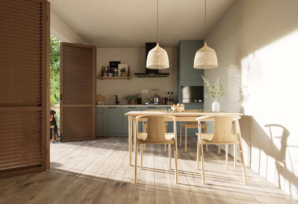 Render interior de vivienda unifamiliar moderna, cocina abierta, luminoso, realista