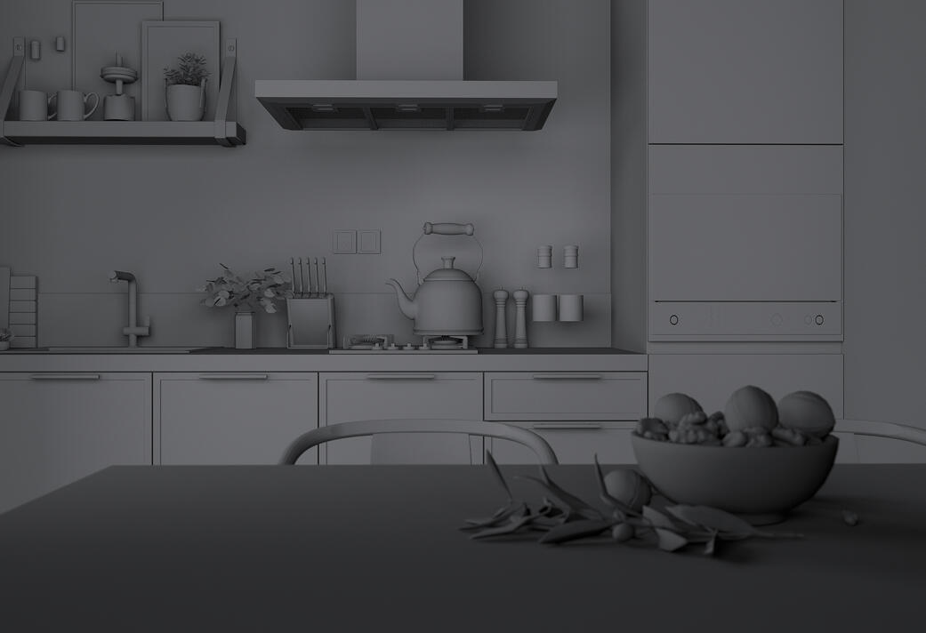 Render interior de vivienda unifamiliar moderna, cocina abierta, detallado, sin texturas