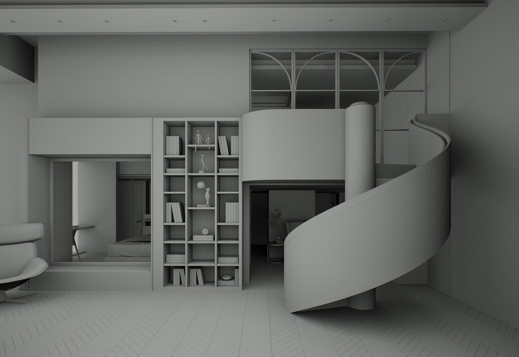 Render interior de vivienda unifamiliar moderna con ventanas amplias, escalera de caracol, sin texturas