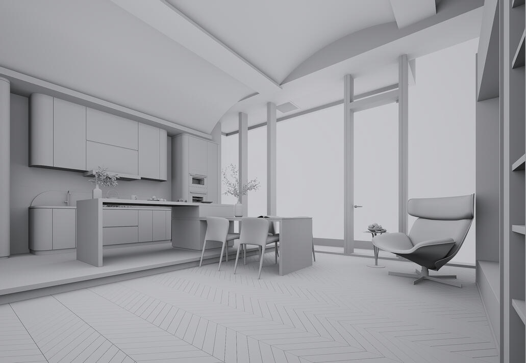 Render interior de vivienda unifamiliar moderna con ventanas amplias, vista sin texturas