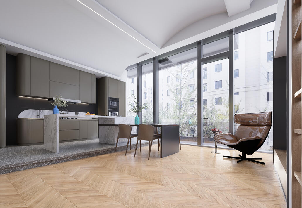 Render interior de vivienda unifamiliar moderna con ventanas amplias