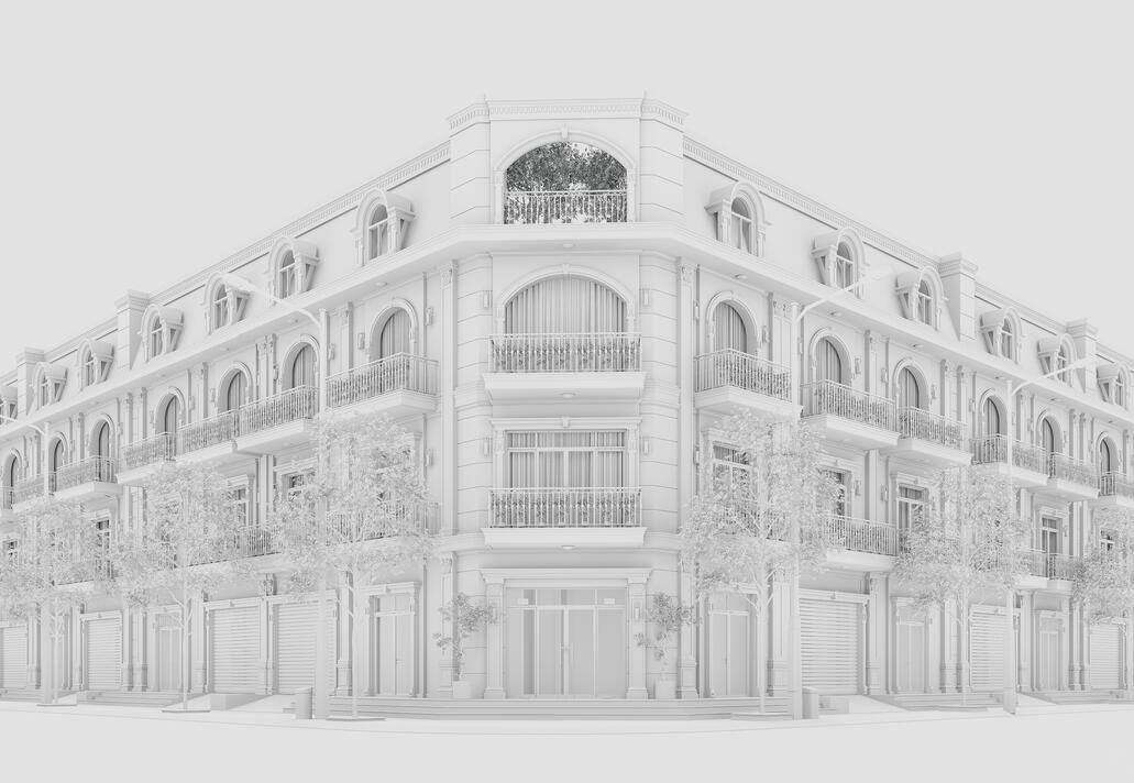 Render exterior de bloque de viviendas plurifamiliar, moderno, avenida amplia, soleado, sin texturas