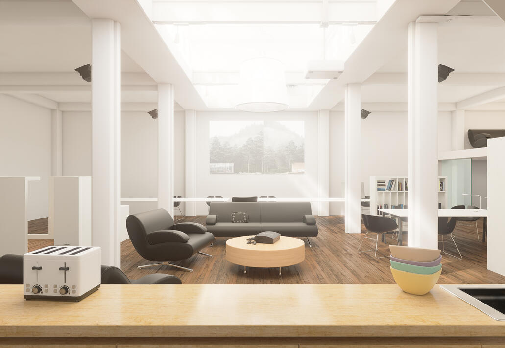 Render interior de oficina moderna, espacio abierto, diáfano, luminoso