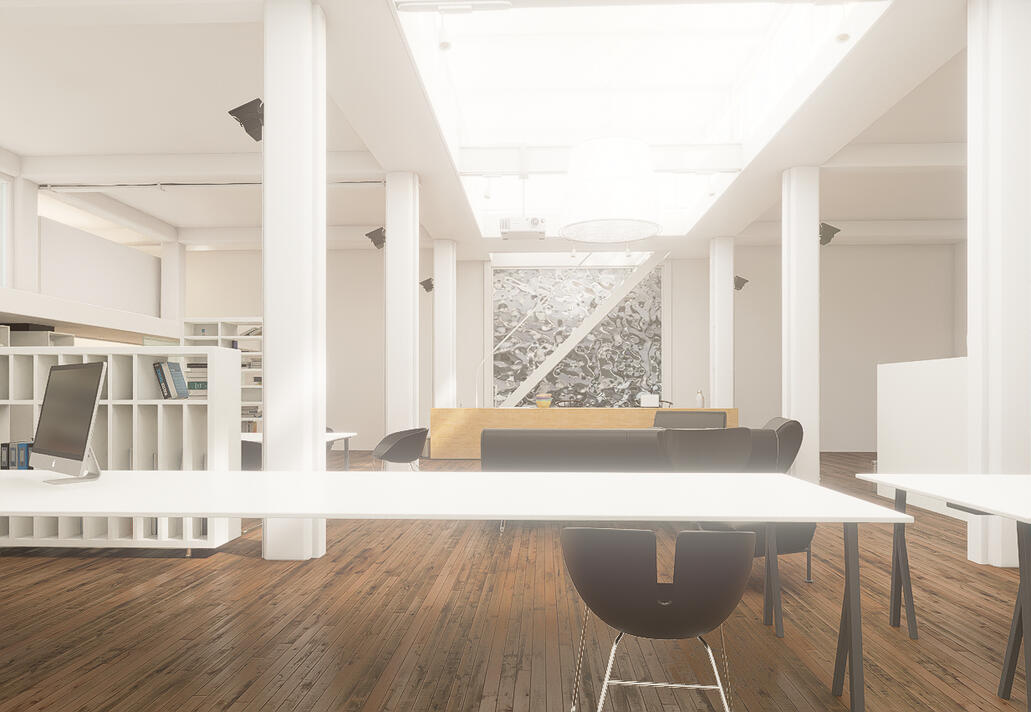 Render interior de oficina moderna, espacio abierto, diáfano, luminoso