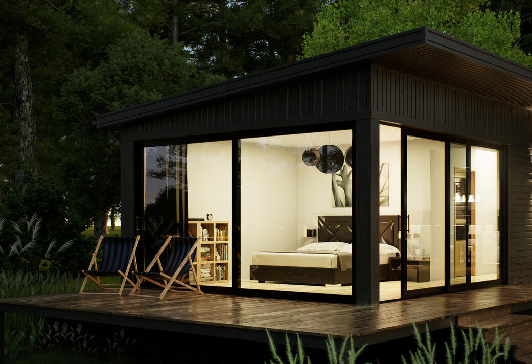 Render exterior de vivienda unifamiliar, lujosa, rodeada de naturaleza, a la orilla de un lago, detalle, de noche