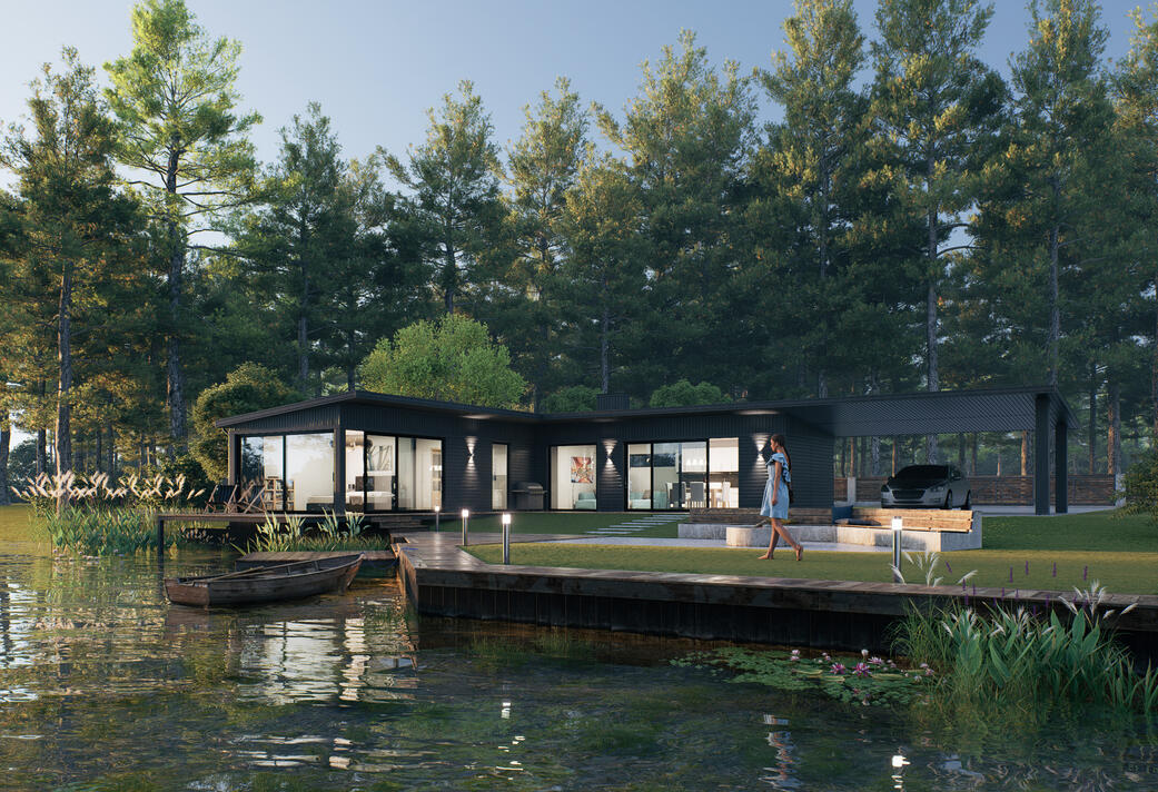 Render exterior de vivienda unifamiliar, lujosa, rodeada de naturaleza, a la orilla de un lago