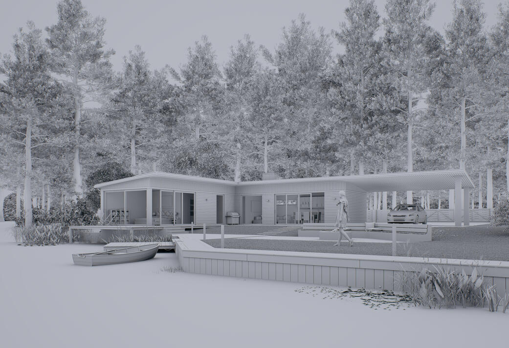 Render exterior de vivienda unifamiliar, lujosa, rodeada de naturaleza, a la orilla de un lago, sin texturas